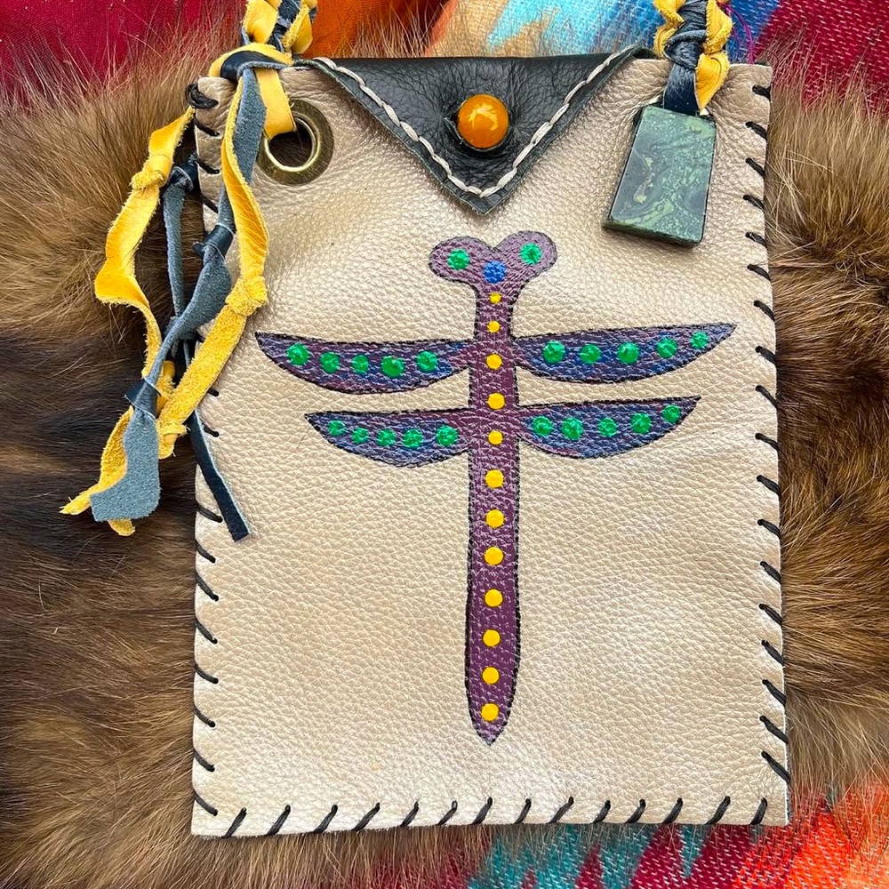 Handcrafted Leather Dragonfly Painting Bag Pouch w Kambaba Jasper & Carnelian
